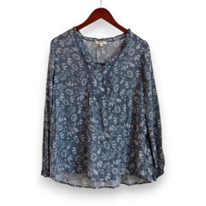 Como Blu - Blue Floral V-Neck Lightweight Peasant Blouse